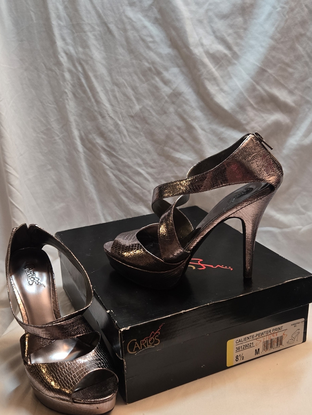 Carlos by Carlos Santana Caliente Pewter Print High Heel Sandals - Pewter